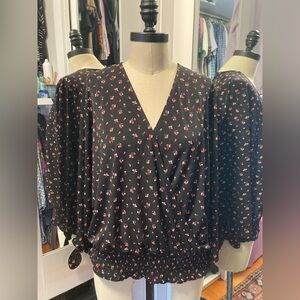 Michael Kors- Black and Red Floral 3/4 Sleeve Faux Wrap Top, Size Large